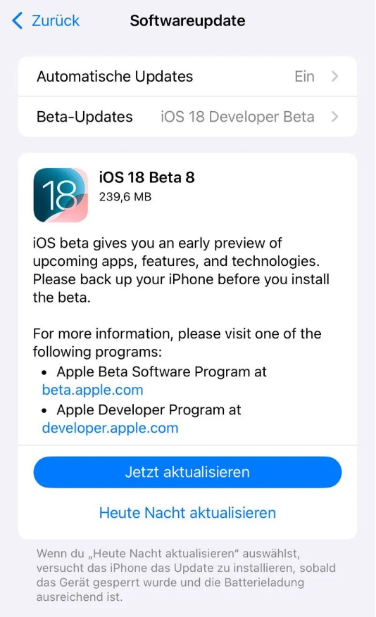 涞源苹果手机维修分享苹果 iOS / iPadOS 18 开发者预览版 Beta 8 发布 